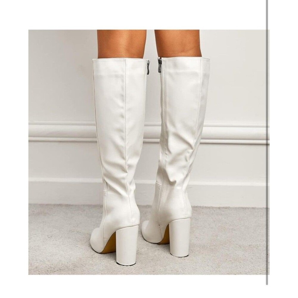 Womens Pointed Toe Zip Up Formal Chunky High Heel Knee High Boots - Picture 2 of 8
